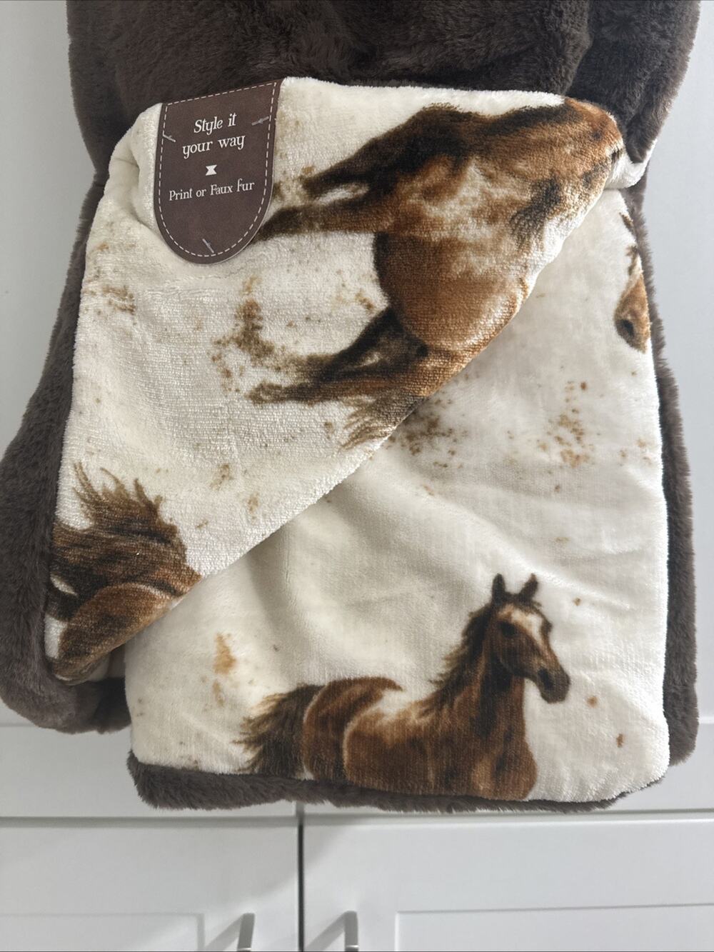 Terra West HORSES 50x70” FAUX FUR Heavy Reversible Throw Blanket Horse Print NEW